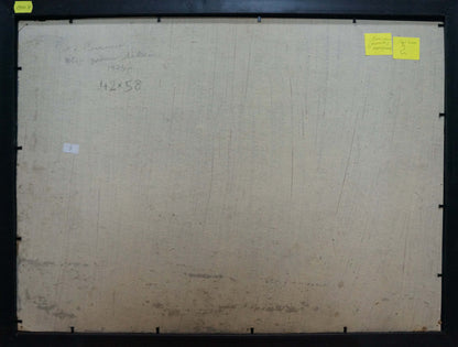 Back of Oil painting Winter has come Gantman Moses Faybovich with beige canvas markings and yellow notes