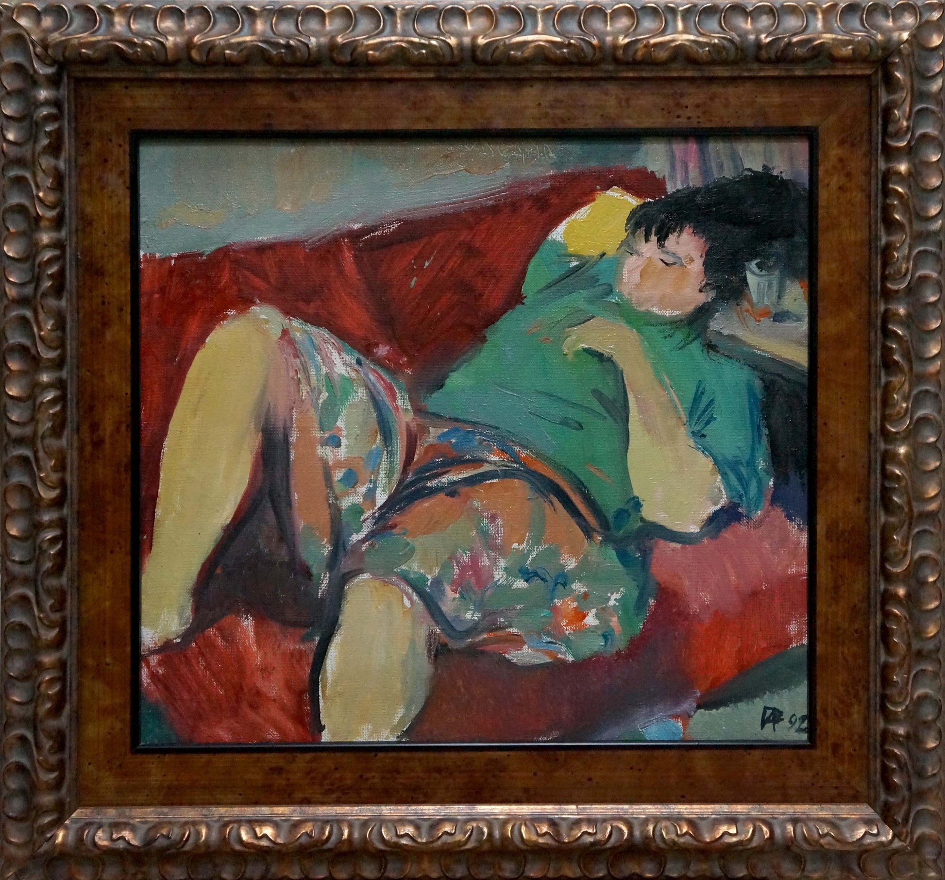 Oil painting by Garmider Gennady Vasilievich of reclining woman in ornate gold frame