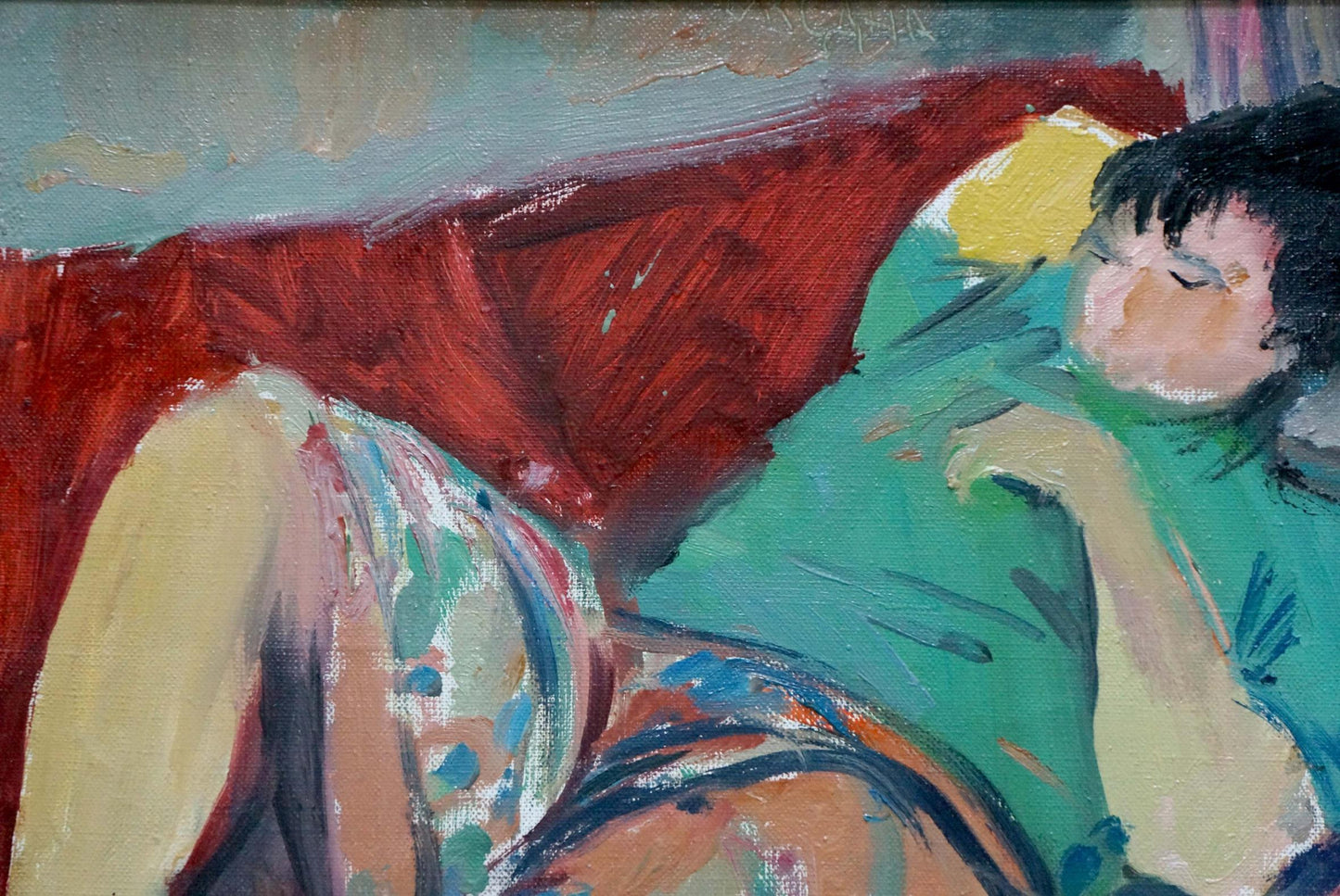 Oil painting by Garmider Gennady Vasilievich: man resting on red green couch