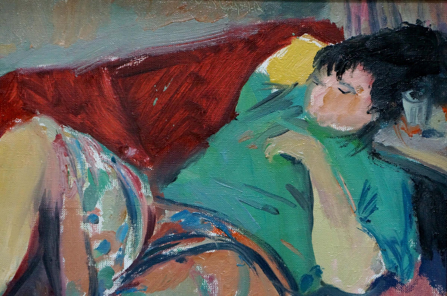 Impressionist oil painting by Garmider Gennady Vasilievich of man resting on red couch