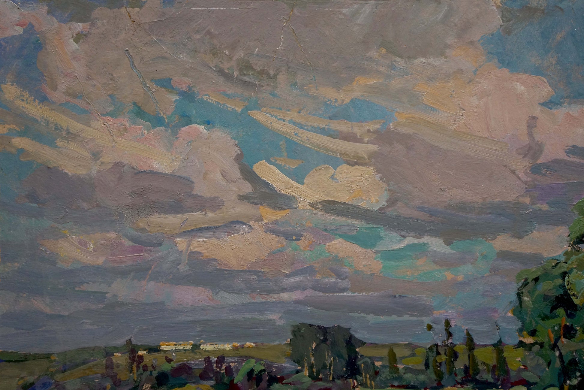 Textured impressionistic oil painting by Fomin Anatoly Nikiforovich of dramatic summer landscape sky