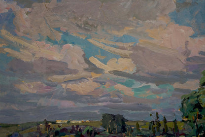 Textured impressionistic oil painting by Fomin Anatoly Nikiforovich of dramatic summer landscape sky
