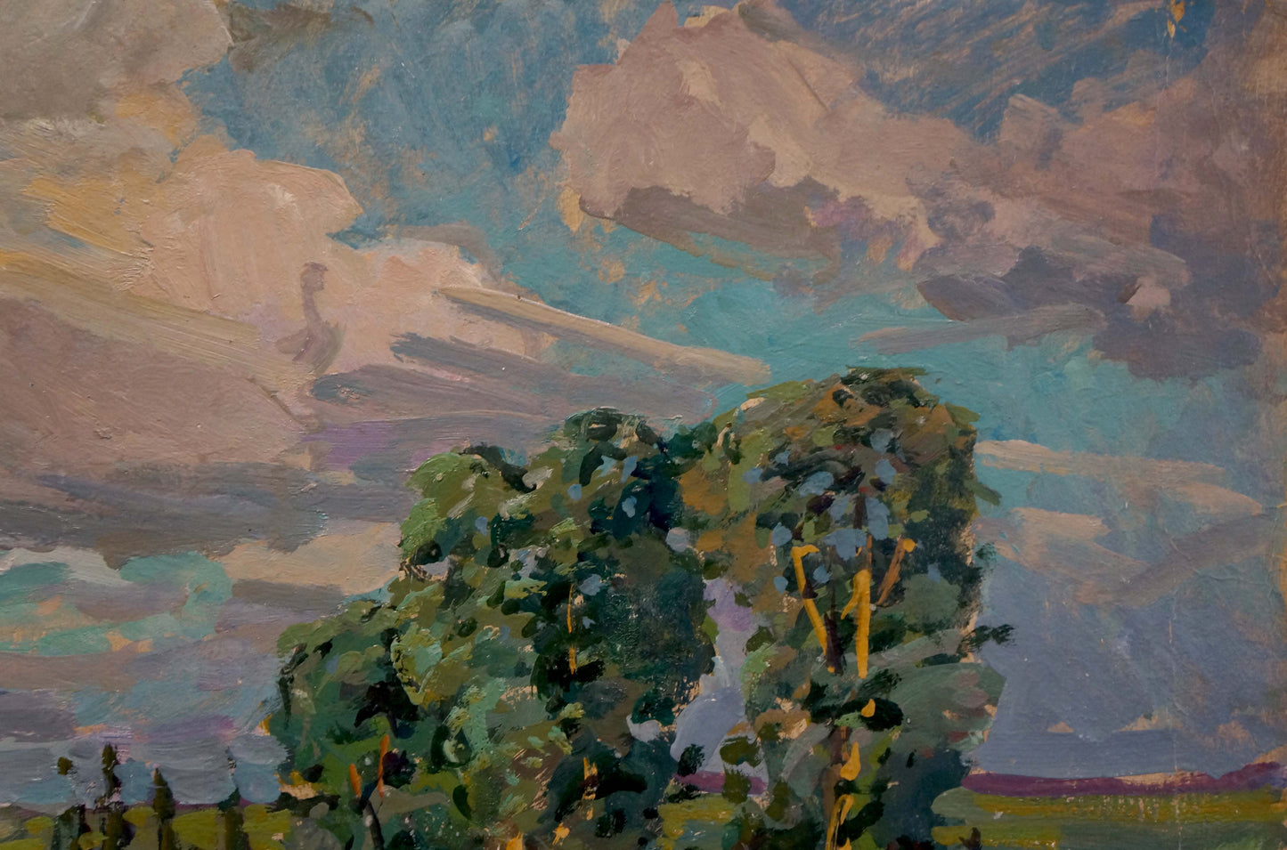 Vibrant impressionist oil painting by Fomin Anatoly Nikiforovich: lush green trees under swirling sky