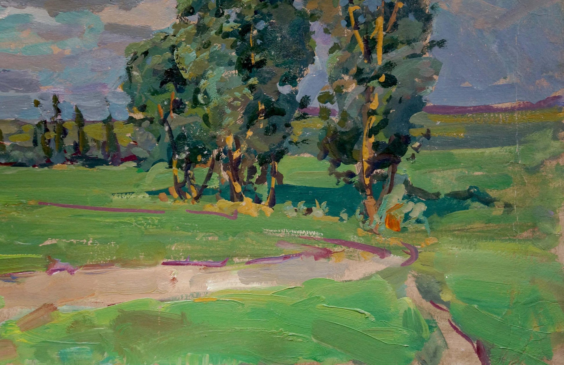 Vibrant impressionist oil painting of summer pastoral landscape by Fomin Anatoly Nikiforovich