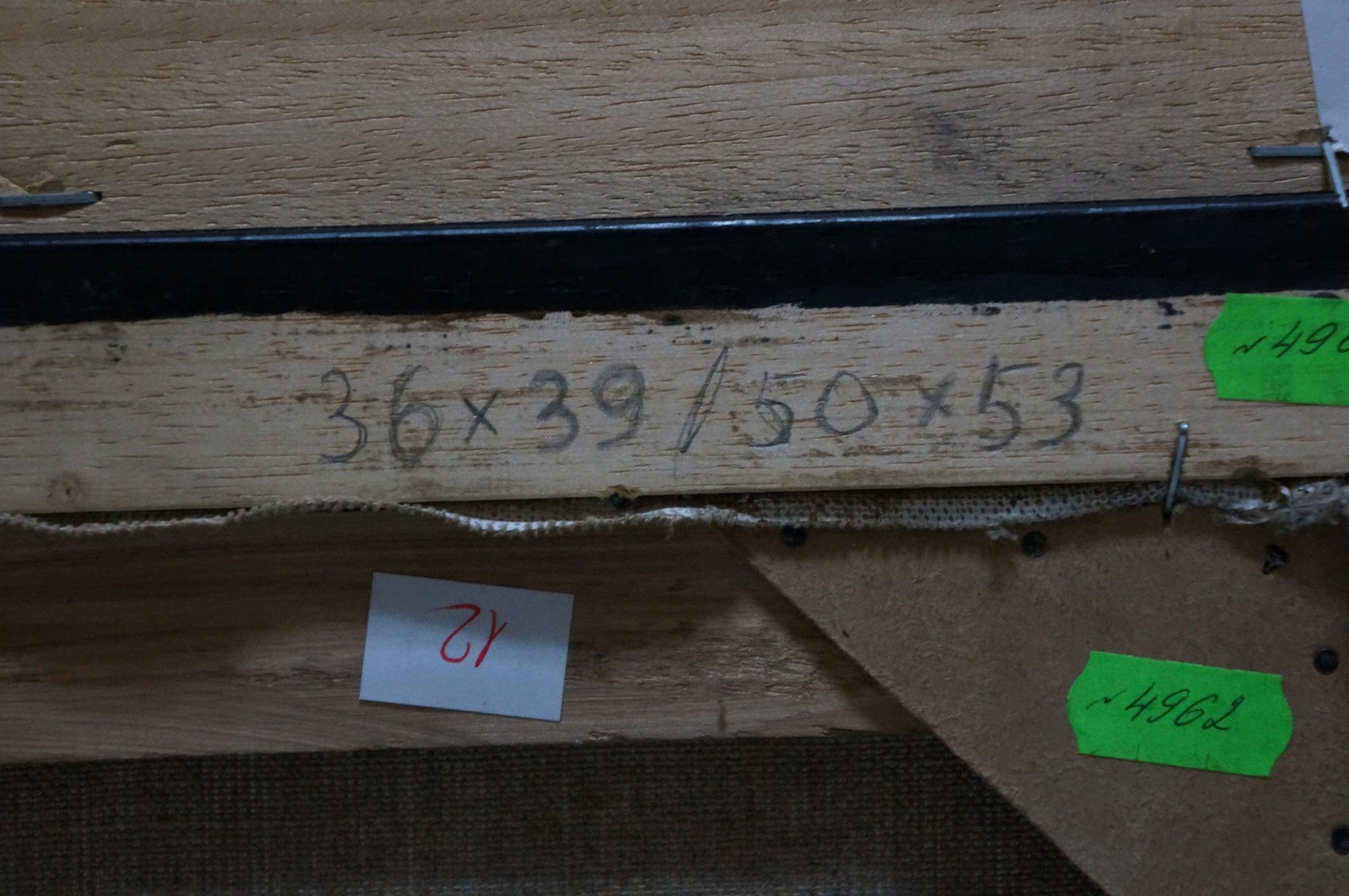 Back of Oil painting Man is resting Garmider with wooden plank and labels