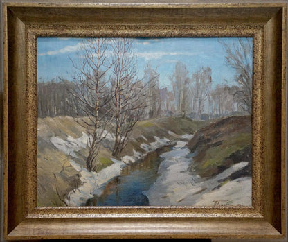 Oil painting End of Winter by Gorobets Pavel Matveevich, serene snowy landscape