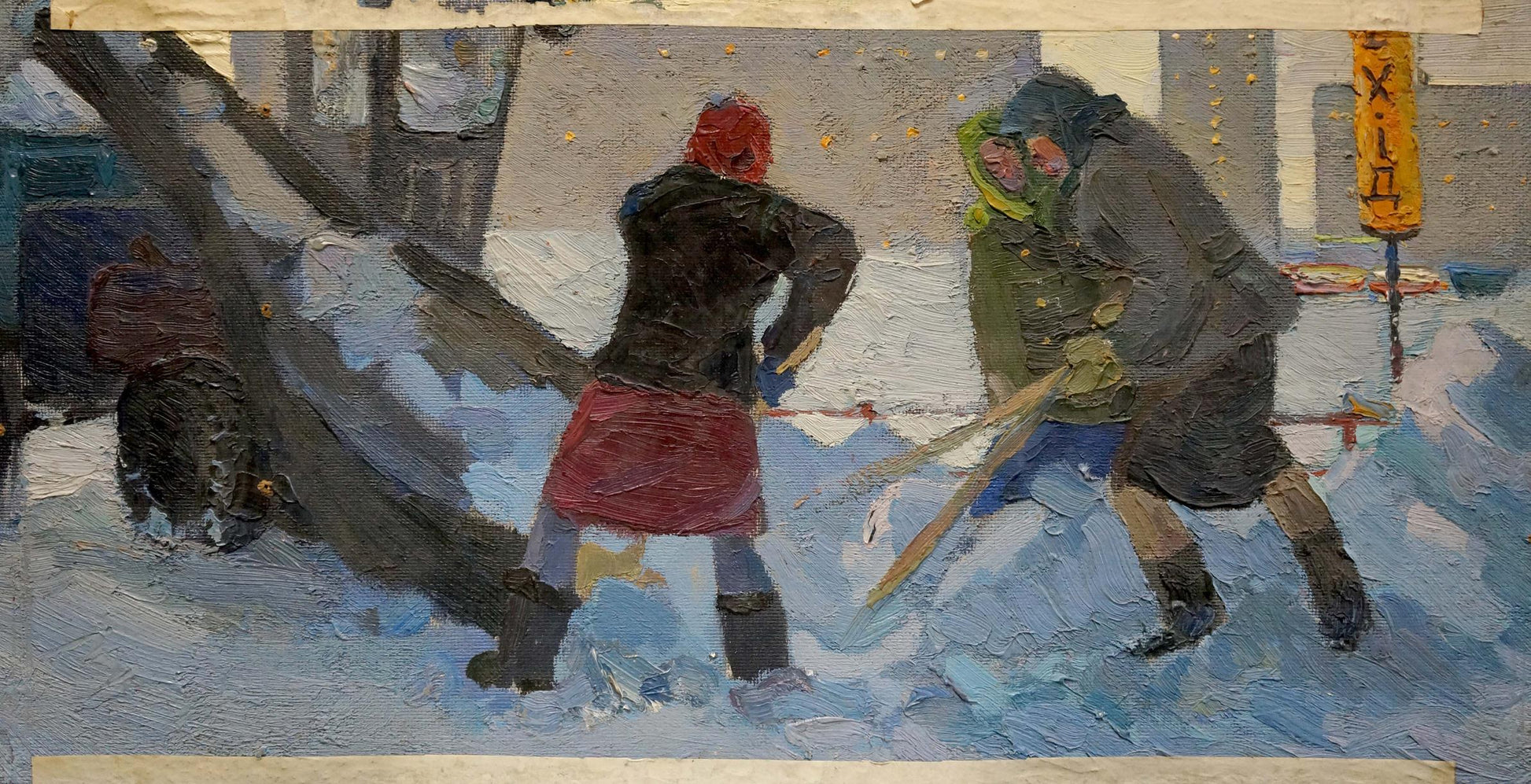 Oil painting by Pokulity Konstantin Ivanovich of two figures shoveling snow on winter street