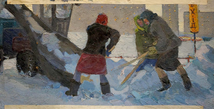 Oil painting by Pokulity Konstantin Ivanovich of two figures shoveling snow on winter street
