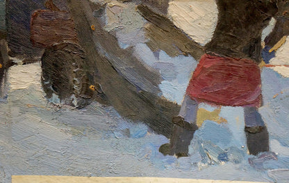 Oil painting by Pokulity Konstantin Ivanovich: figure in dark clothing and red skirt on snow