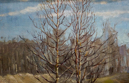 Oil painting End of Winter by Gorobets Pavel Matveevich: bare birch trees against blue sky