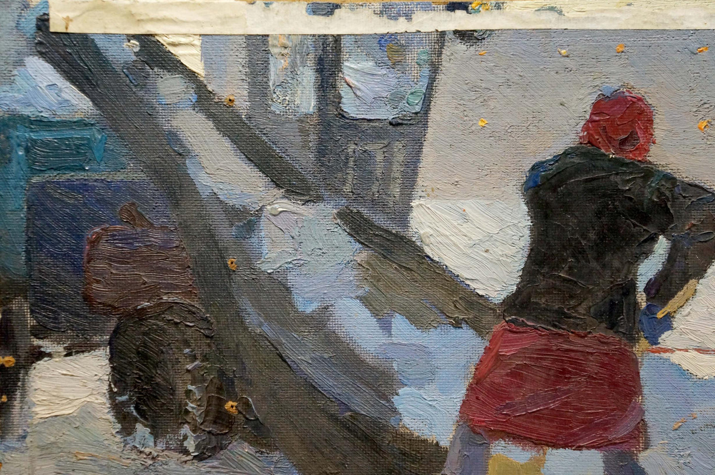 Back view oil painting of woman in black jacket red skirt by Pokulity Konstantin Ivanovich