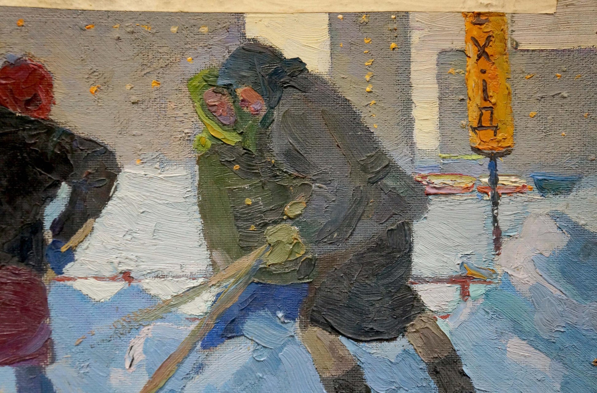 Oil painting by Pokulity Konstantin Ivanovich: two figures in winter attire on street