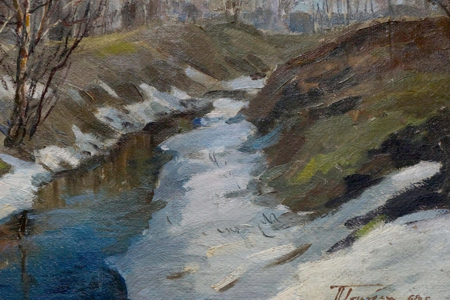 Oil painting End of Winter by Gorobets Pavel Matveevich: blue river through snowy earth