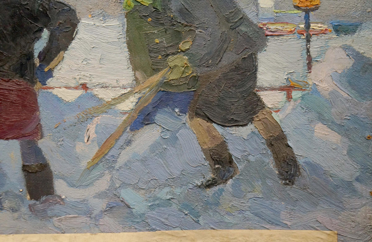 Oil painting by Pokulity Konstantin Ivanovich: two figures in winter attire on street