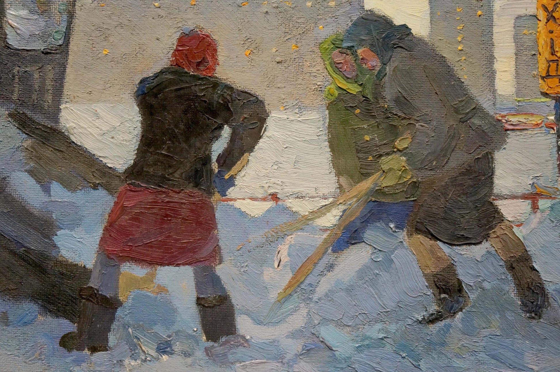 Oil painting by Pokulity Konstantin Ivanovich: two figures in winter attire on street
