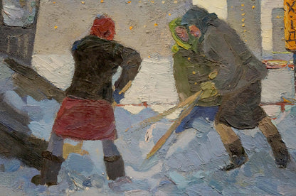 Oil painting by Pokulity Konstantin Ivanovich: two figures in winter attire on street