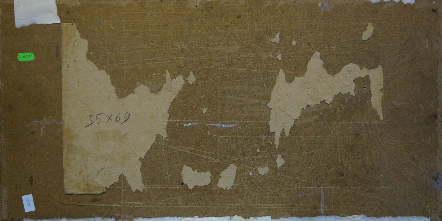 Back of Pokulity Konstantin Ivanovich oil painting with worn cardboard and peeling paper