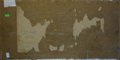 Back of Pokulity Konstantin Ivanovich oil painting with worn cardboard and peeling paper