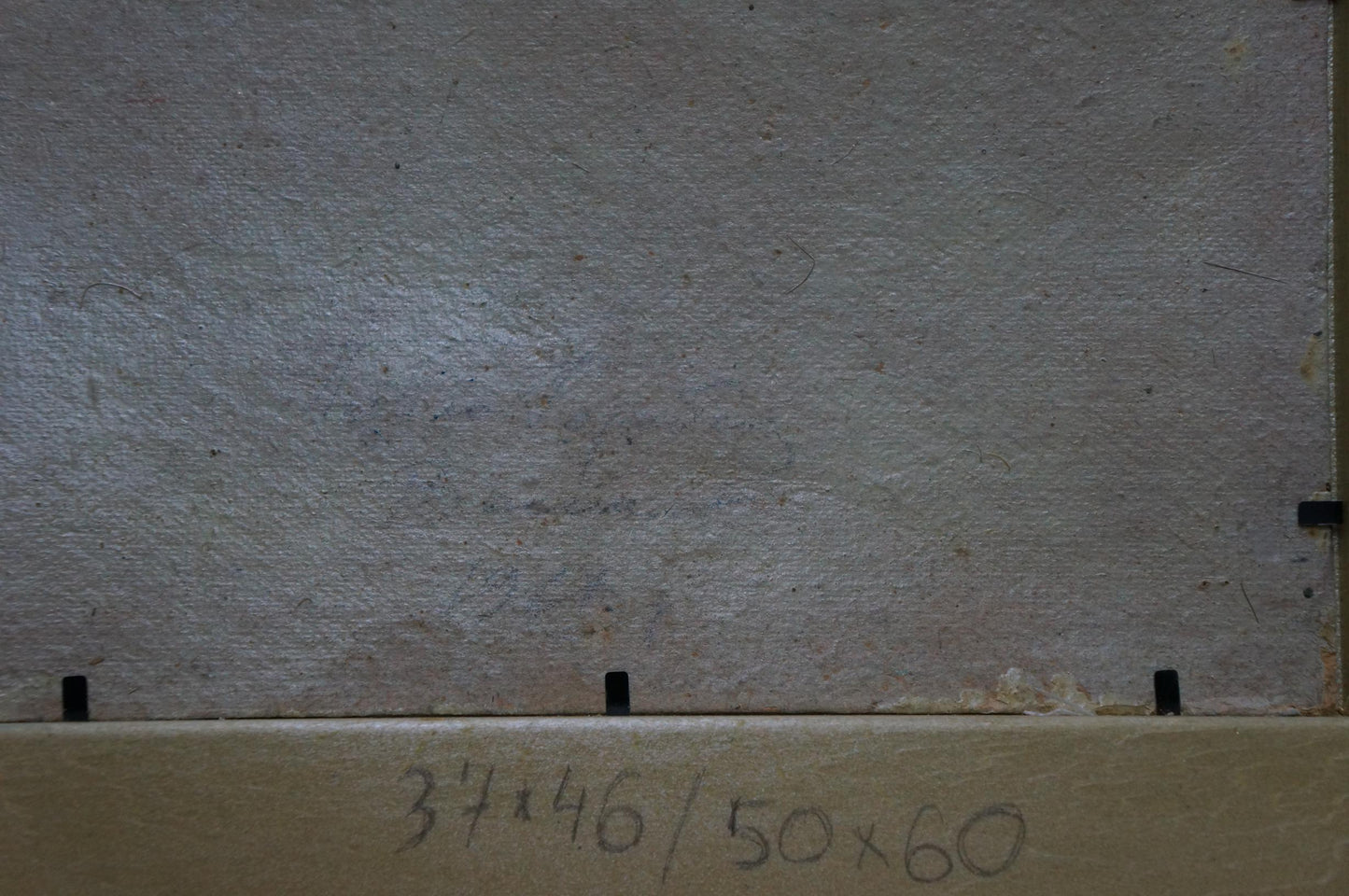 Back of Oil painting End of winter by Gorobets Pavel Matveevich on gray textured wall panel with handwritten dimensions