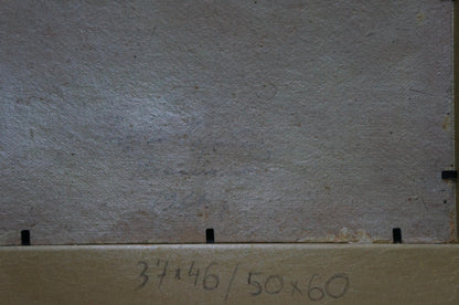 Back of Oil painting End of winter by Gorobets Pavel Matveevich on gray textured wall panel with handwritten dimensions