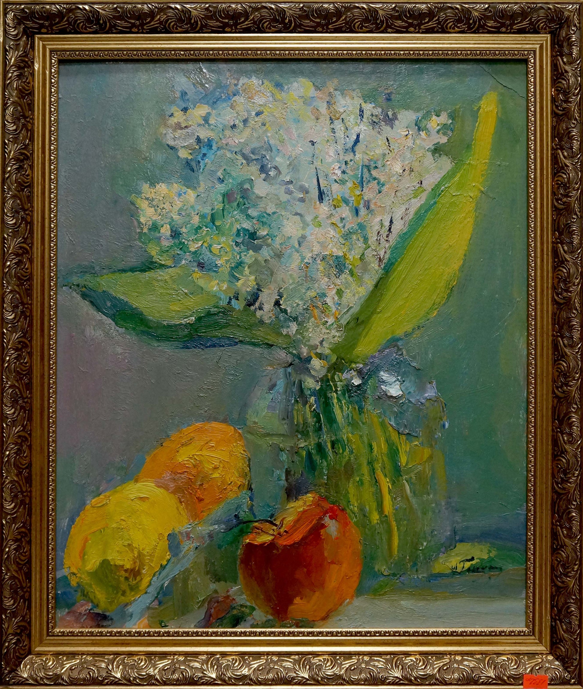 Vibrant impressionist oil painting by Moses Gantman: lilacs, lemons, apple
