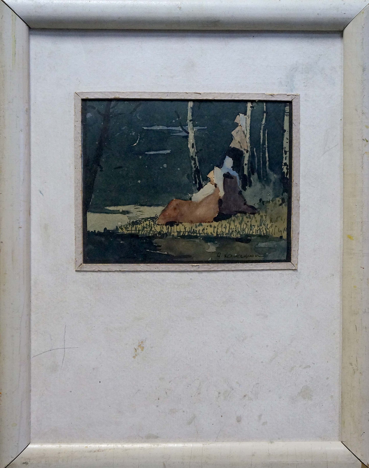 Framed watercolor painting of figure in dark forest by Yakov Alekseevich Kalatsyuk