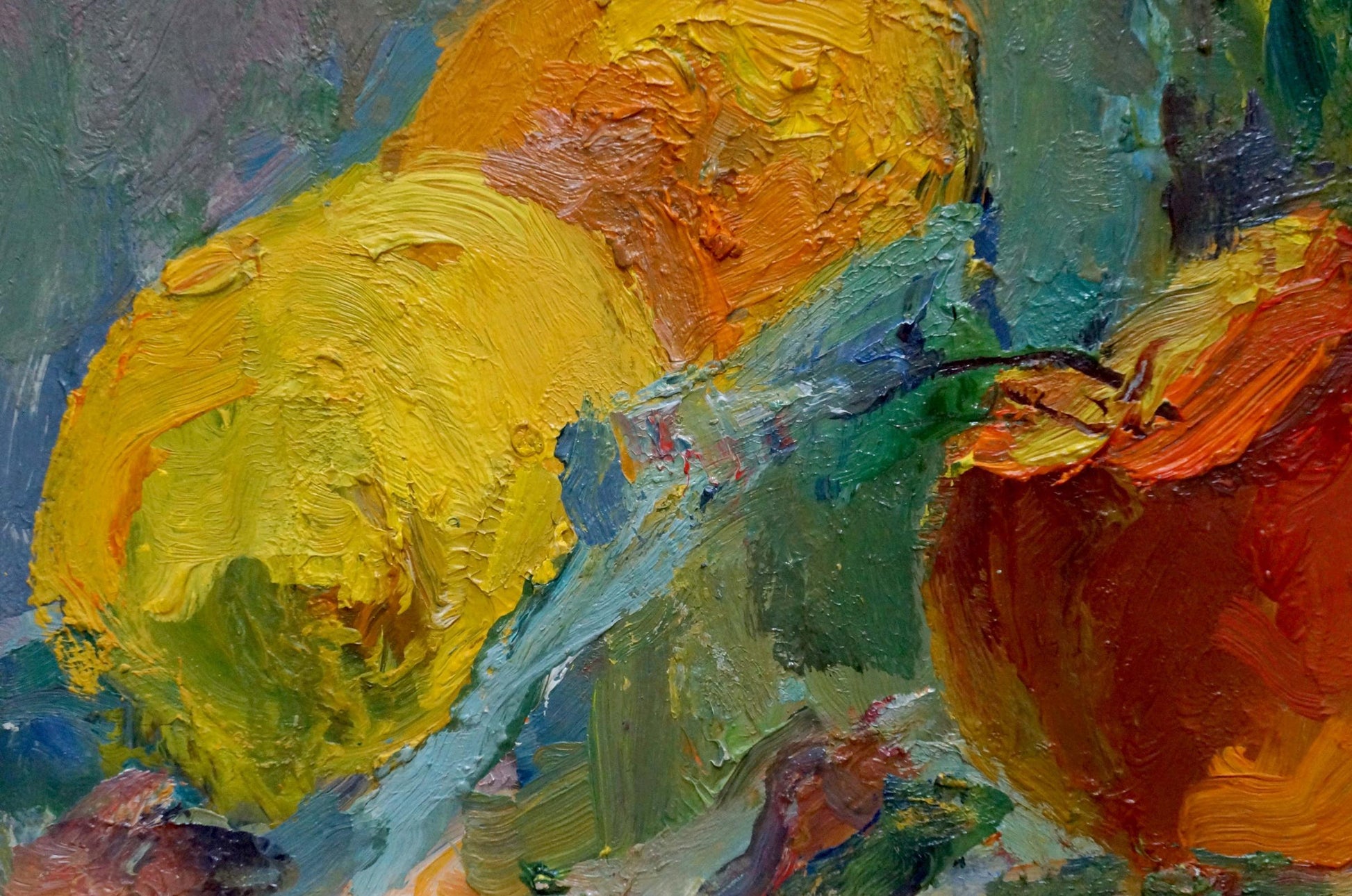 Vibrant impressionistic oil painting of citrus fruits, flowers and apples by Moses Gantman