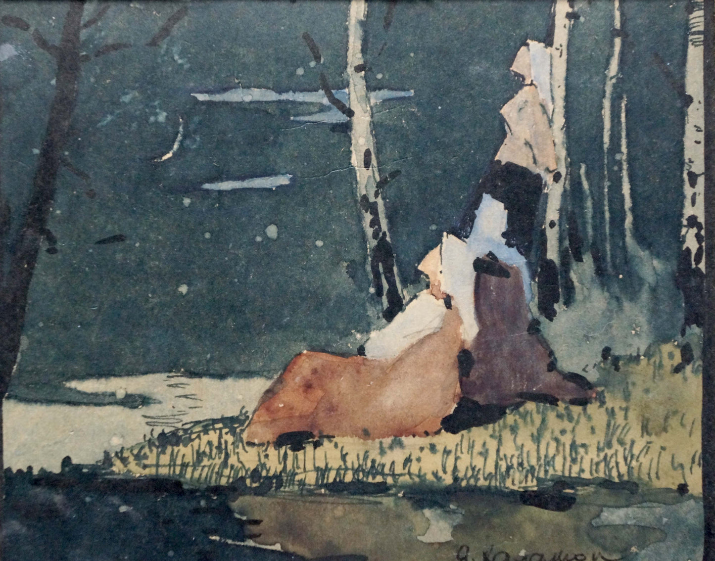 Watercolor painting by Yakov Alekseevich Kalatsyuk: figure in earth-toned garment among birch trees under dark sky