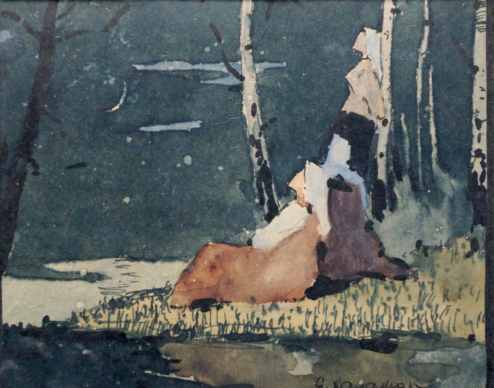 Watercolor painting by Yakov Alekseevich Kalatsyuk: figure in earth-toned garment among birch trees under dark sky