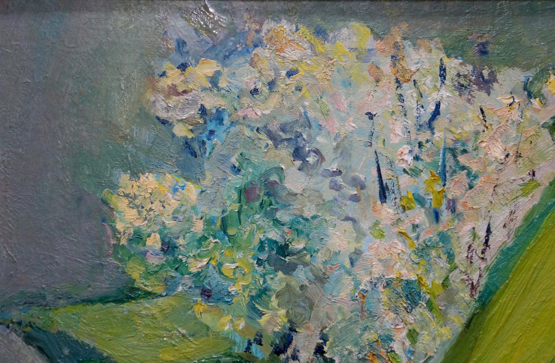 Vibrant impressionistic oil painting of flowers with apples by Moses Gantman