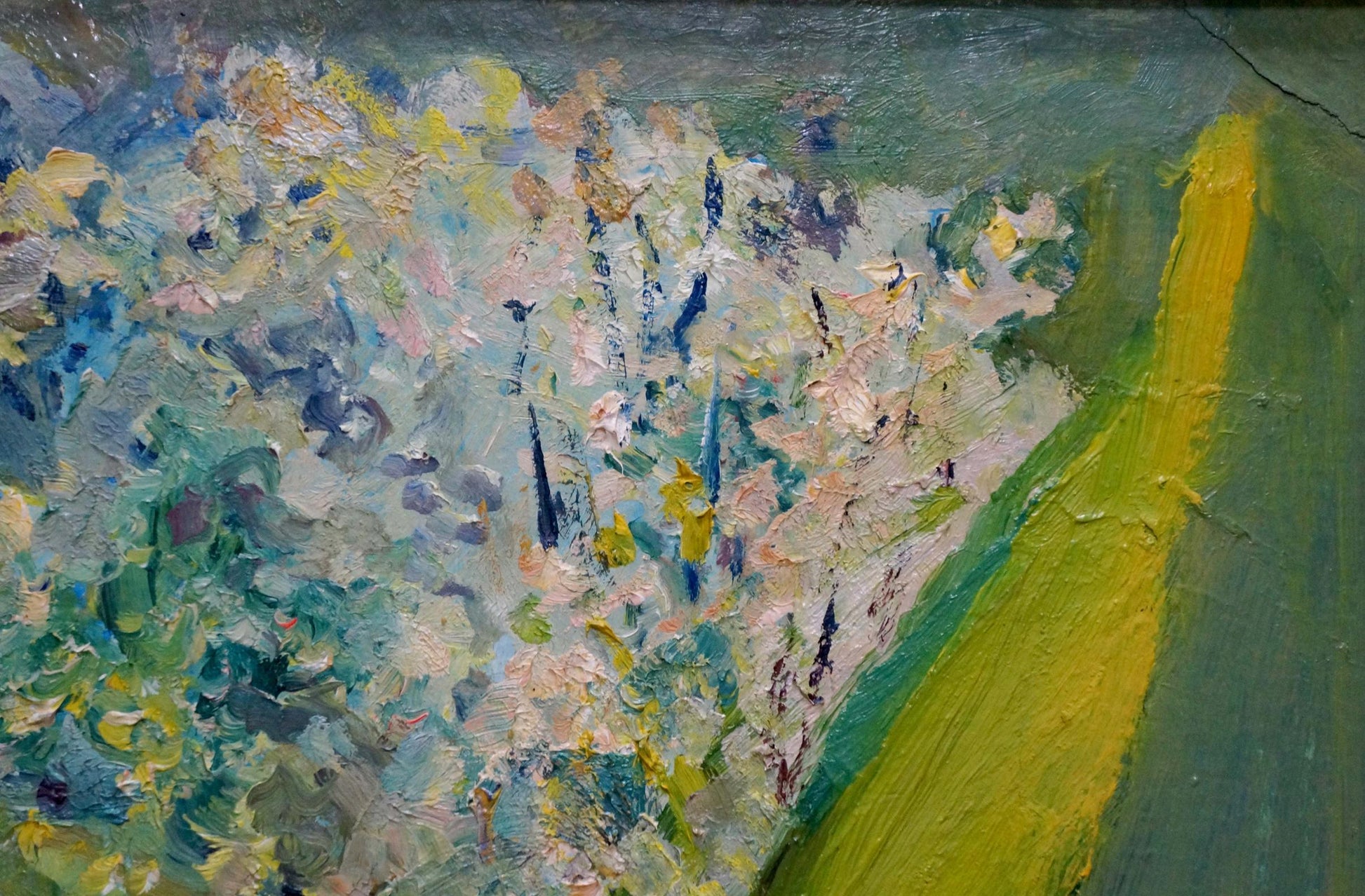 Vibrant oil painting Flowers with apples by Moses Gantman in green, yellow, blue, white