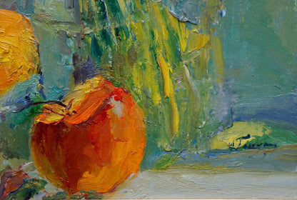 Oil painting of vibrant orange apple in red-yellow strokes by Moses Gantman