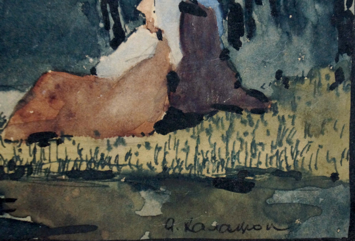 Watercolor painting of reclining figure in earthy tones by Yakov Alekseevich Kalatsyuk