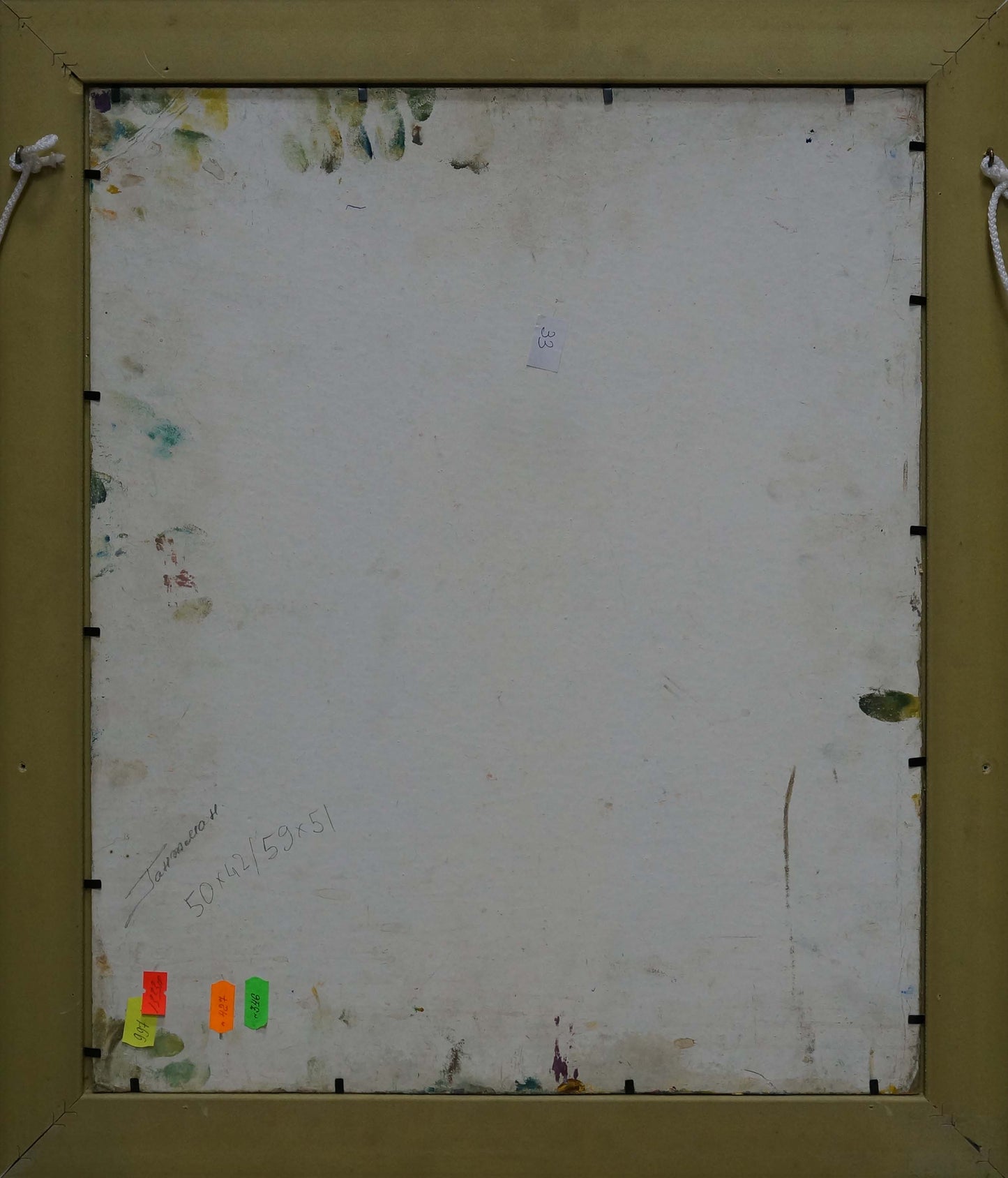 Back of Oil painting Flowers with apples Moses Gantman beige frame with paint splatters