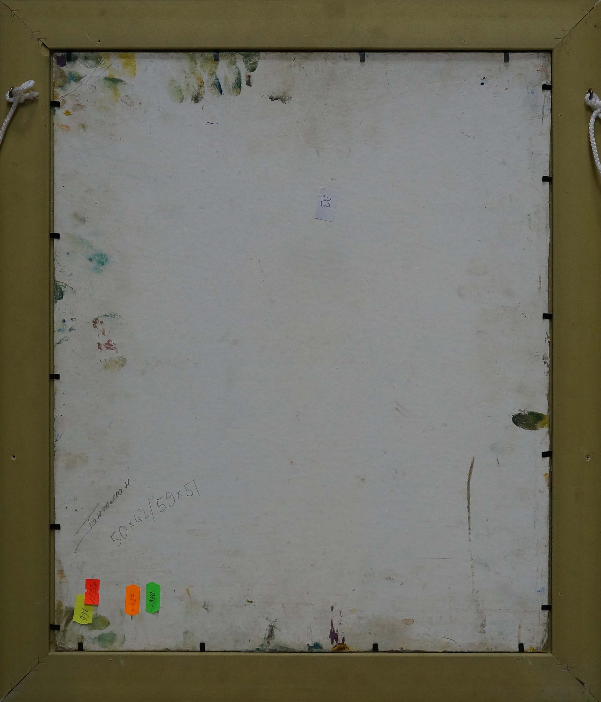 Back of Oil painting Flowers with apples Moses Gantman beige frame with paint splatters