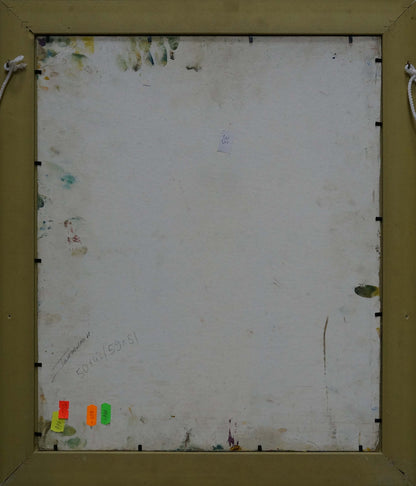 Back of Oil painting Flowers with apples Moses Gantman beige frame with paint splatters