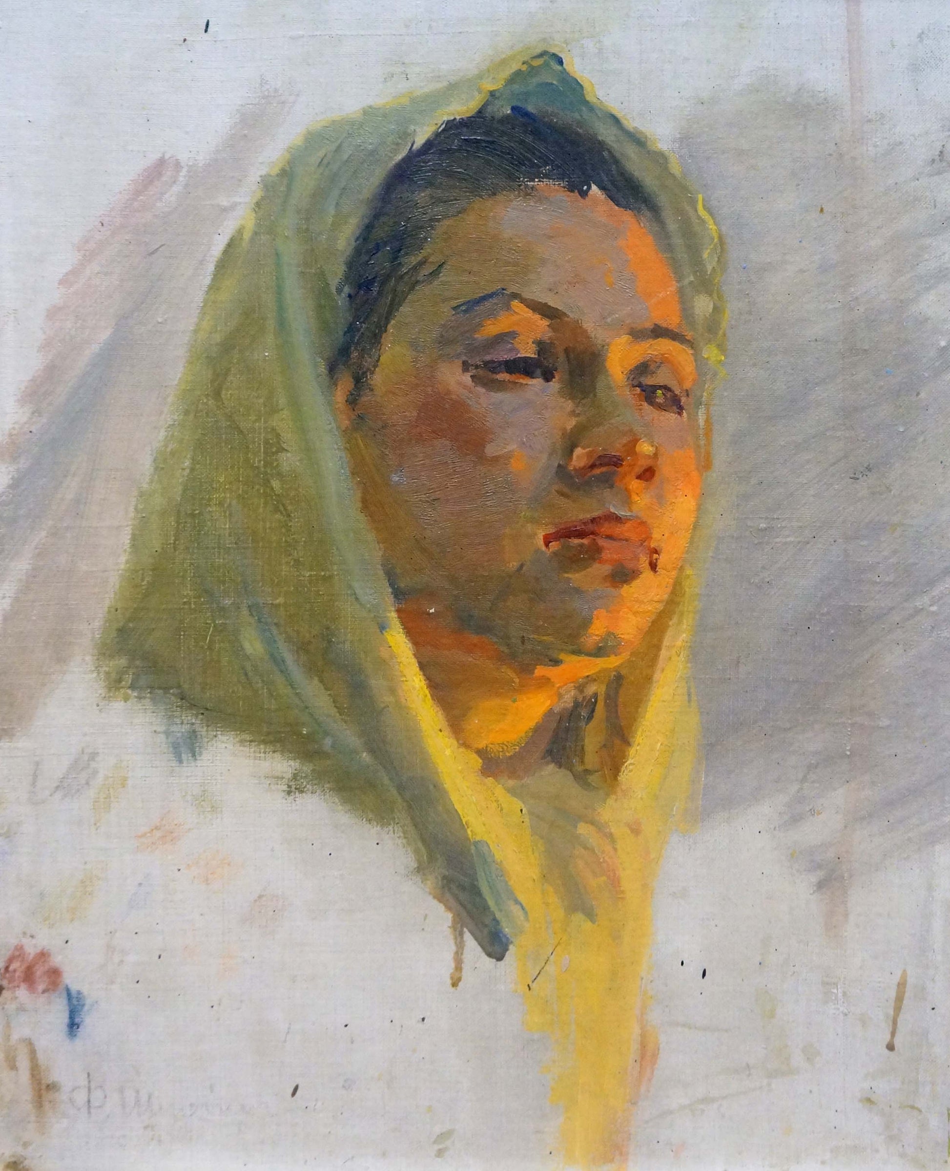 Oil painting portrait by Shurpin F.S. of girl in soft green hooded headscarf