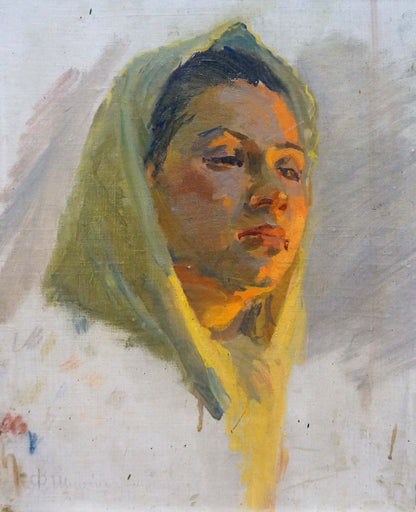 Oil painting portrait by Shurpin F.S. of girl in soft green hooded headscarf