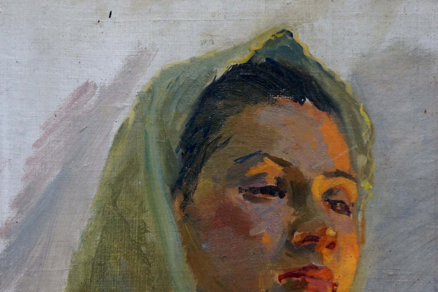 Oil painting portrait of a girl by Shurpin F. S. in soft green tones