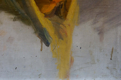 Oil painting Portrait of a girl by Shurpin F.S. with bold yellow brushstroke on gray canvas