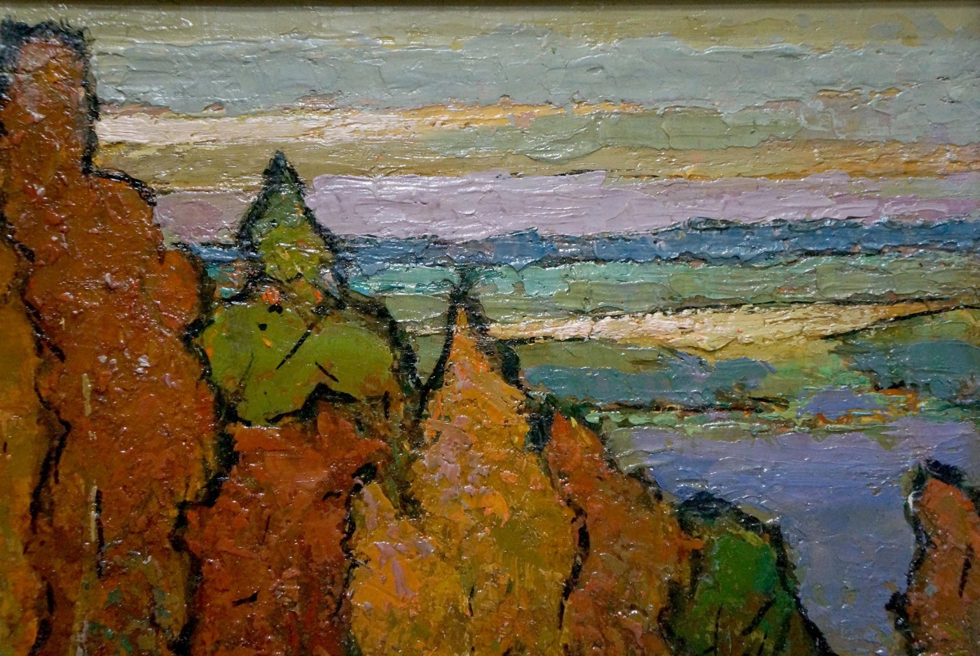 Oil painting by Konstantinopolskiy Adolf Markovich: rugged red rock formations and purple-blue sky