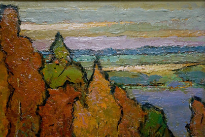 Oil painting by Konstantinopolskiy Adolf Markovich: rugged red rock formations and purple-blue sky