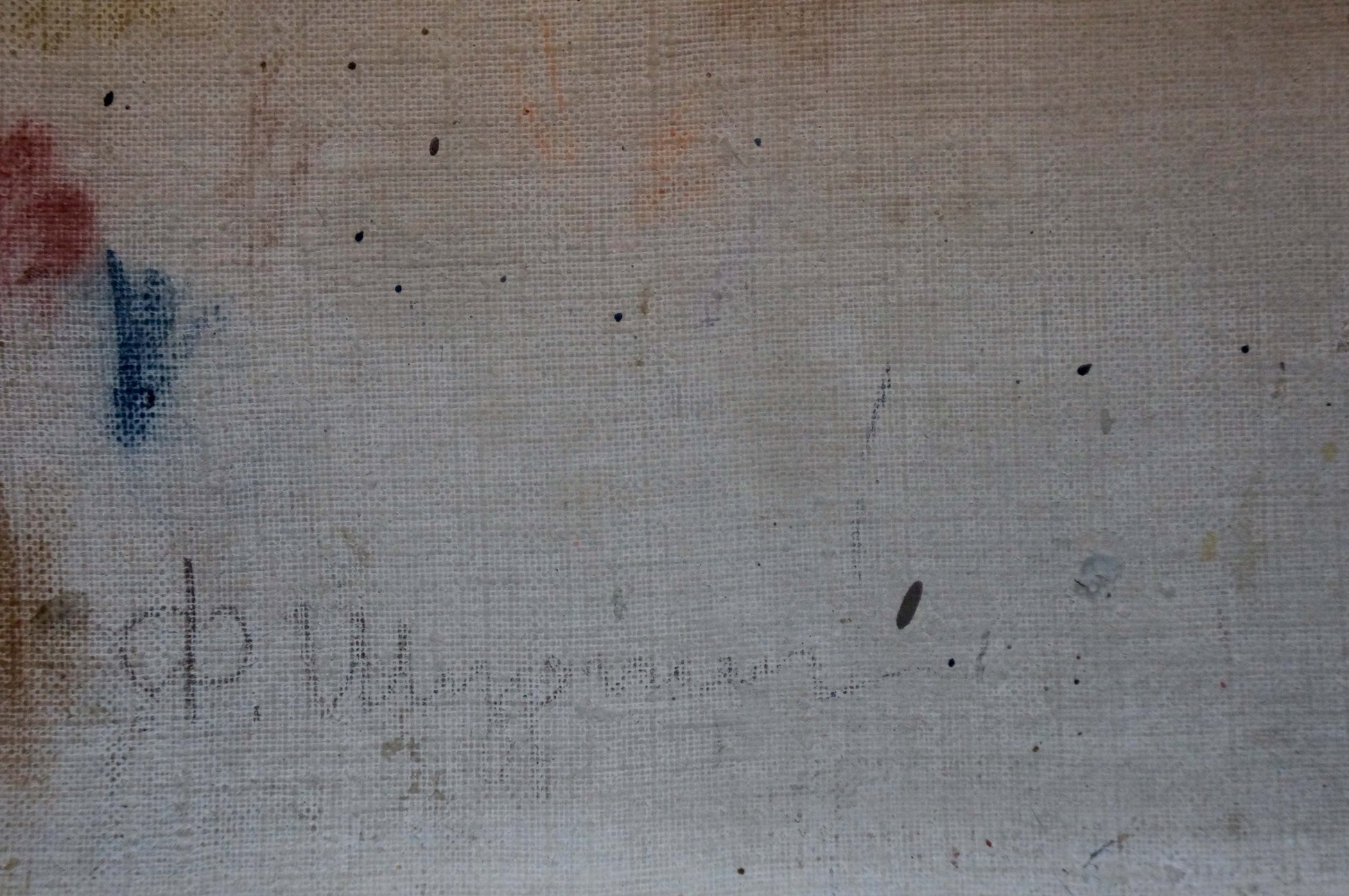 Back of faded gray canvas with blue red smudges Oil painting Portrait of a girl Shurpin F. S