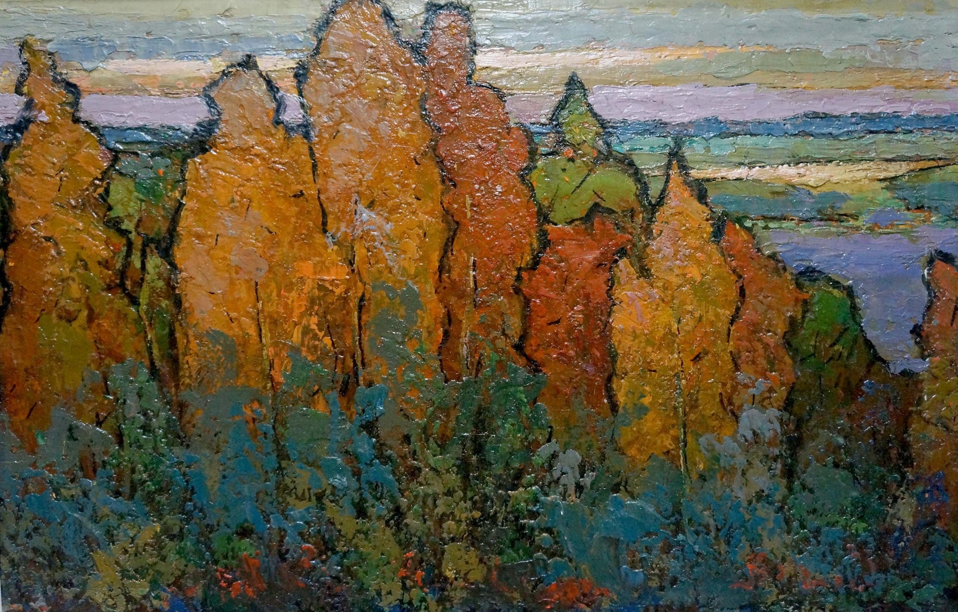 Oil painting by Konstantinopolskiy Adolf Markovich: autumn trees in orange red hues