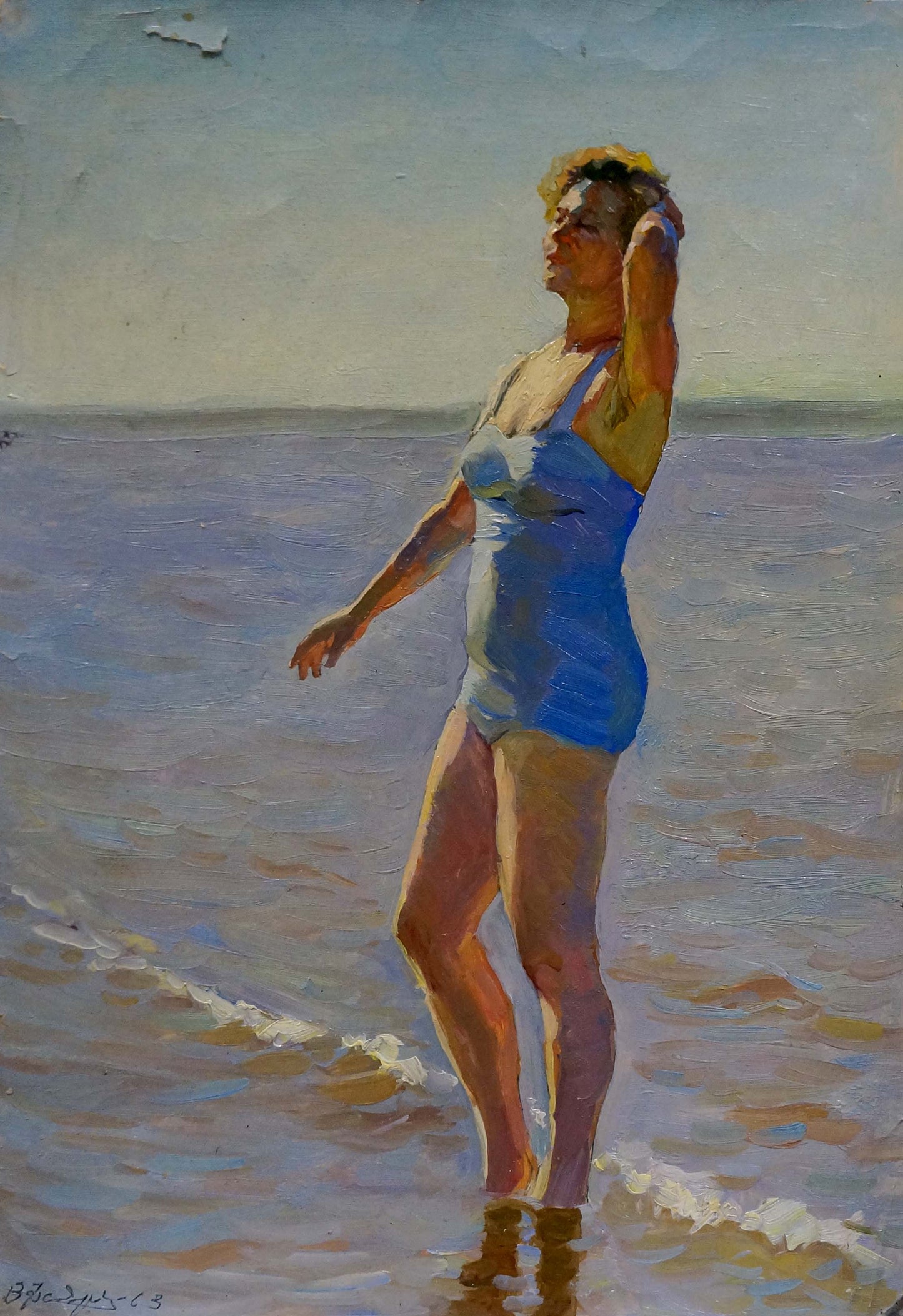 Oil painting of girl in blue swimsuit on beach by Vyacheslav Andreevich Fedorov