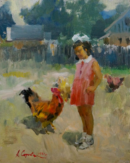 Oil painting Behind the Gate by Soroka Arkady Vasilievich: girl in pink dress with rooster