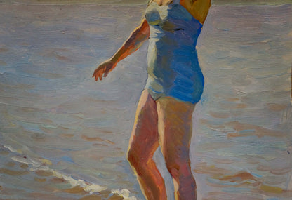 Oil painting of girl in blue swimsuit on beach by Vyacheslav Andreevich Fedorov