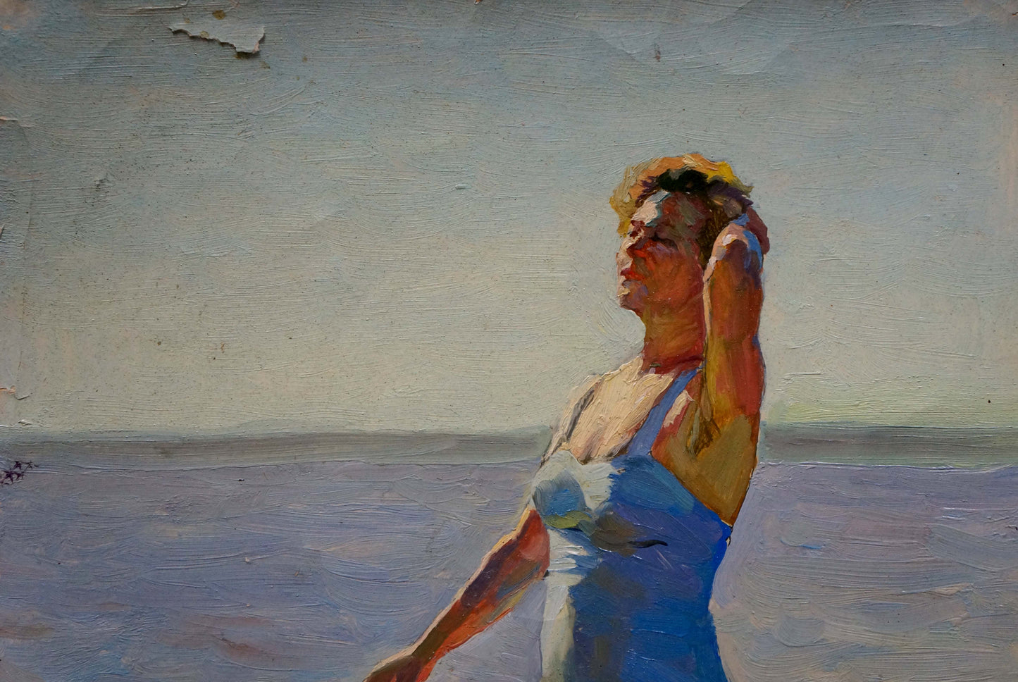 Oil painting of woman in blue swimsuit on beach by Vyacheslav Andreevich Fedorov