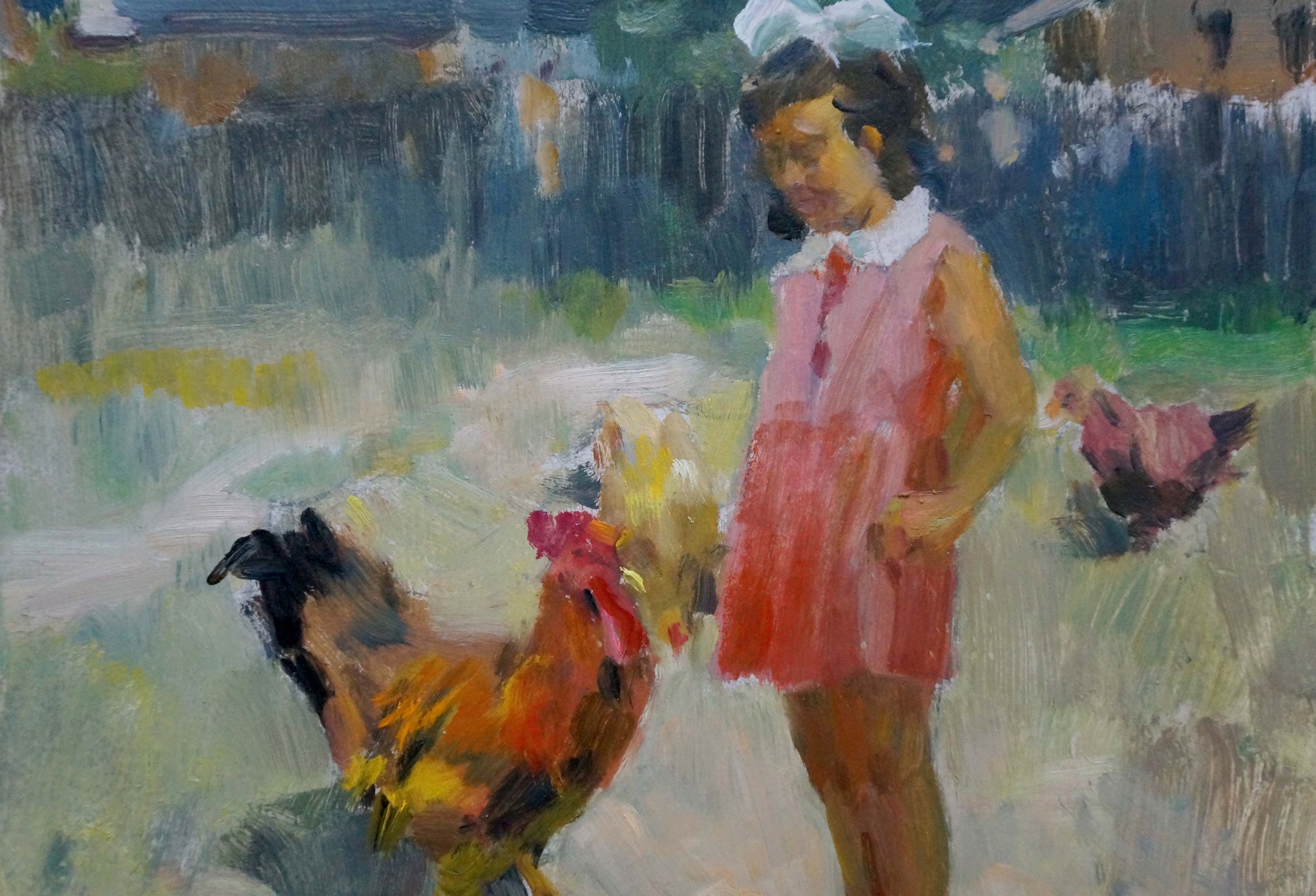 Oil painting Behind the Gate by Soroka Arkady Vasilievich: girl in pink dress and colorful rooster