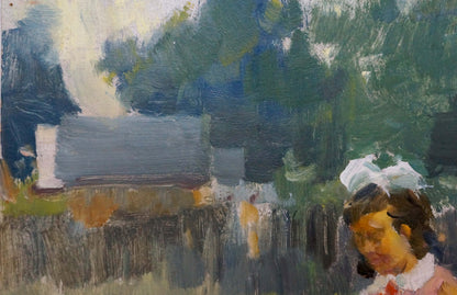 Oil painting Behind the Gate by Soroka: girl in pink dress with white bow